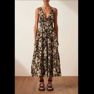 Shona Joy Palermo Linen Plunged Low Back Midi Dress (Black Floral)